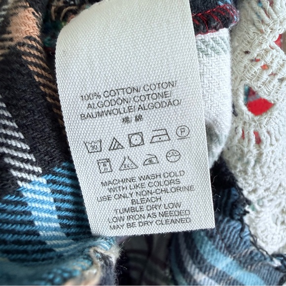 Free People We The Free Patchwork Plaid Flannel XS Crochet Lace Button Down - Picture 7 of 9